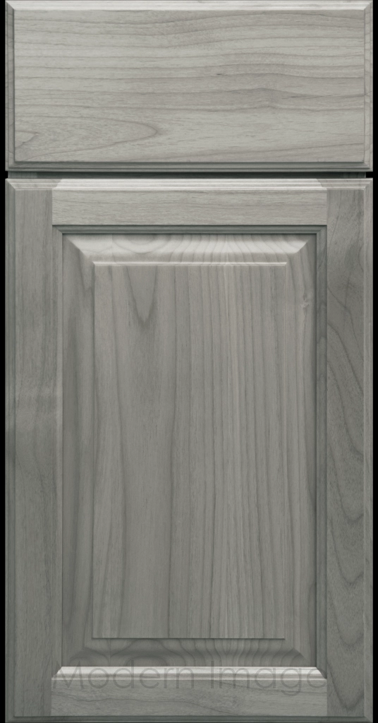 Oyster stained Hampton raised panel kitchen cabinets with flat slab drawer fronts.